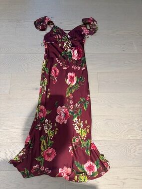 Dress Forum Burgundy Floral Maxi Dress with Pink and Green Accents
